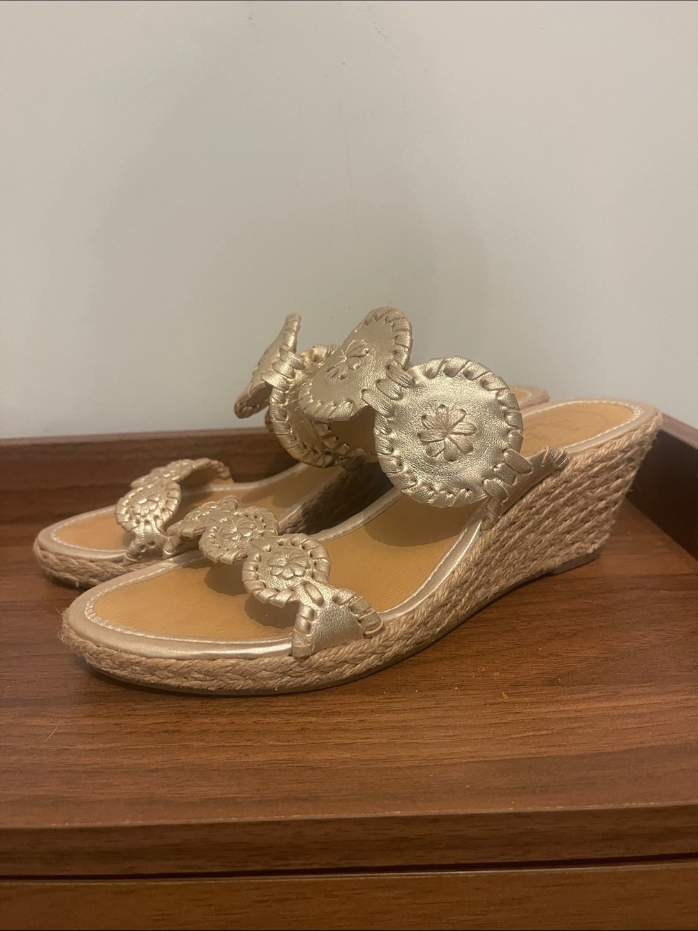 Jack Rogers Metallic Gold Leather Wedge Sandals